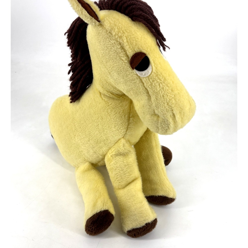 Vintage 70s Handmade Horse Plush Large Yellow Stuffed Toy Brown Yarn Mane 17"